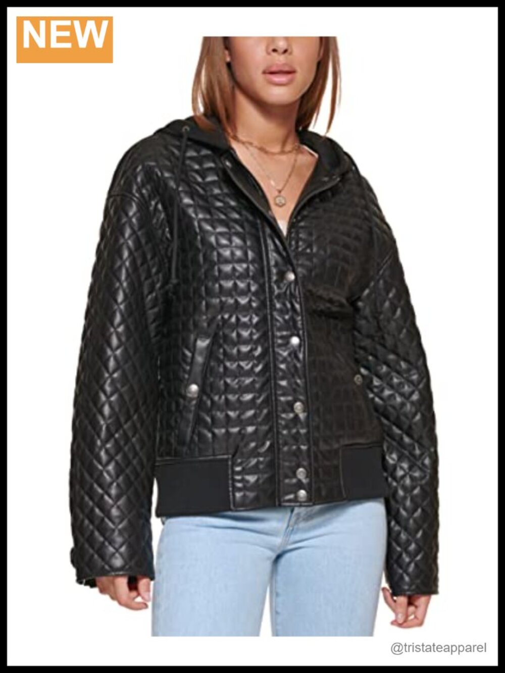 Box Quilted Faux Leather Jacket with Jersey Hood, Relaxed Fit, Long Sleeve, Zip